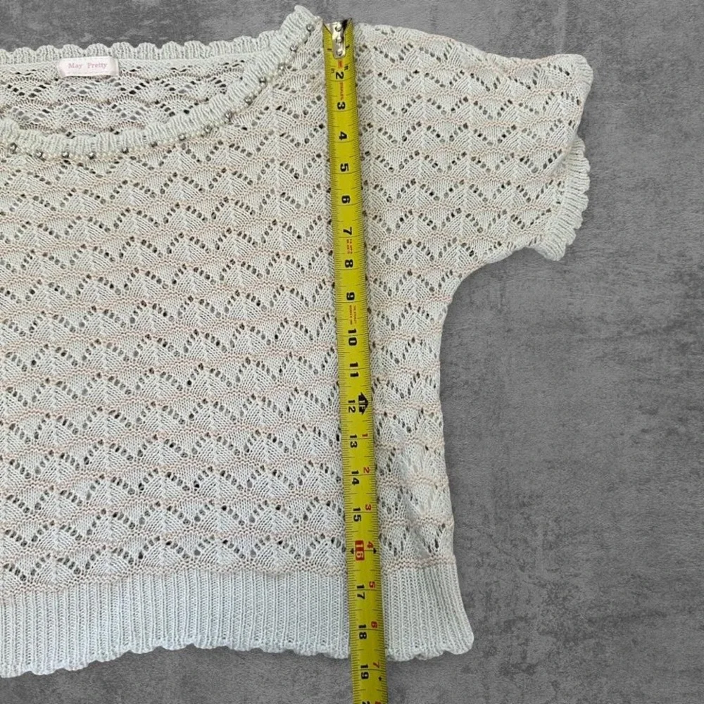 May Pretty Women Mint Cream Pointelle Knit Pearl‎ Rhinestone Trim Sweater Top